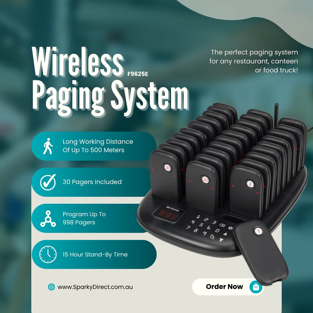Sparkydirect's tweet image. 🍽️🔔 Enhance Your Service with the Retekess F9625E Paging System! 🚀📢
Shop Here 🔗 : sparkydirect.com.au/p/retekess-f96…

Key Features:
- 30 Pagers ⭐️
- Up to 500m Walking Distance🚶‍♂️🌐
- 15 Hours Standby Time 🔋🍔

#Sparky #SparkyDirect #Food #Australia #TikTok #Resturant #FoodTruck #Pager