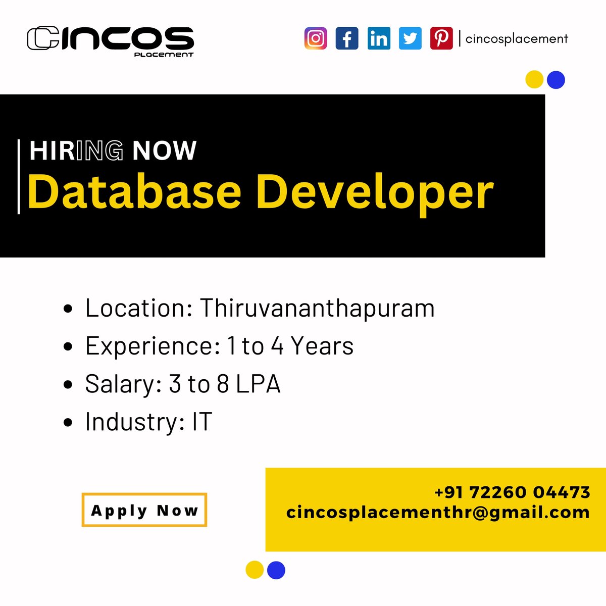 cincosplacement's tweet image. Exciting opportunity for a Database Developer! Elevate your career with the Best Recruitment Consultancy in Thiruvananthapuram.
Contact Us: +91 7226004473
#DBDeveloper #Jobs
#TopITPlacementAgencyInThiruvananthapuram
#TopITPlacementCompanyInThiruvananthapuram
#JobPlacement