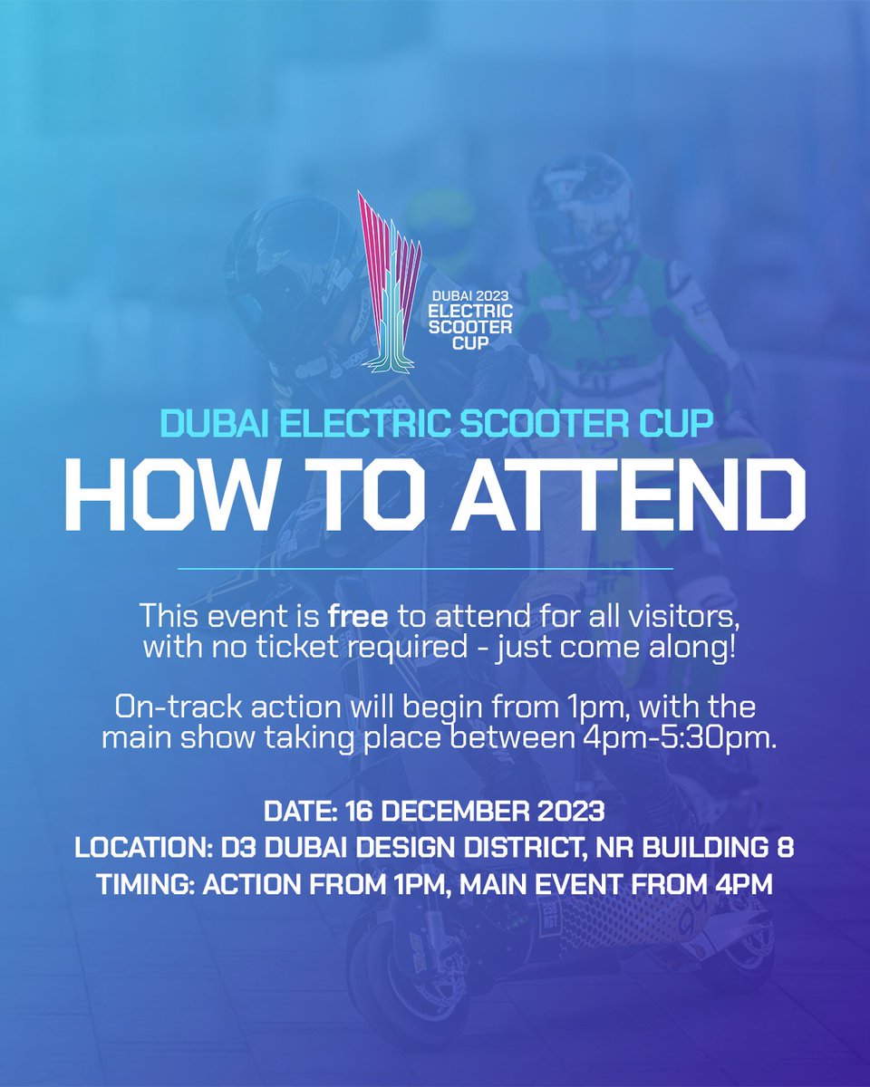 It's RACE DAY in Dubai!

Want to come along to watch the action? Here's everything you need to know!

#DubaiEScooterCup #EScooterRace