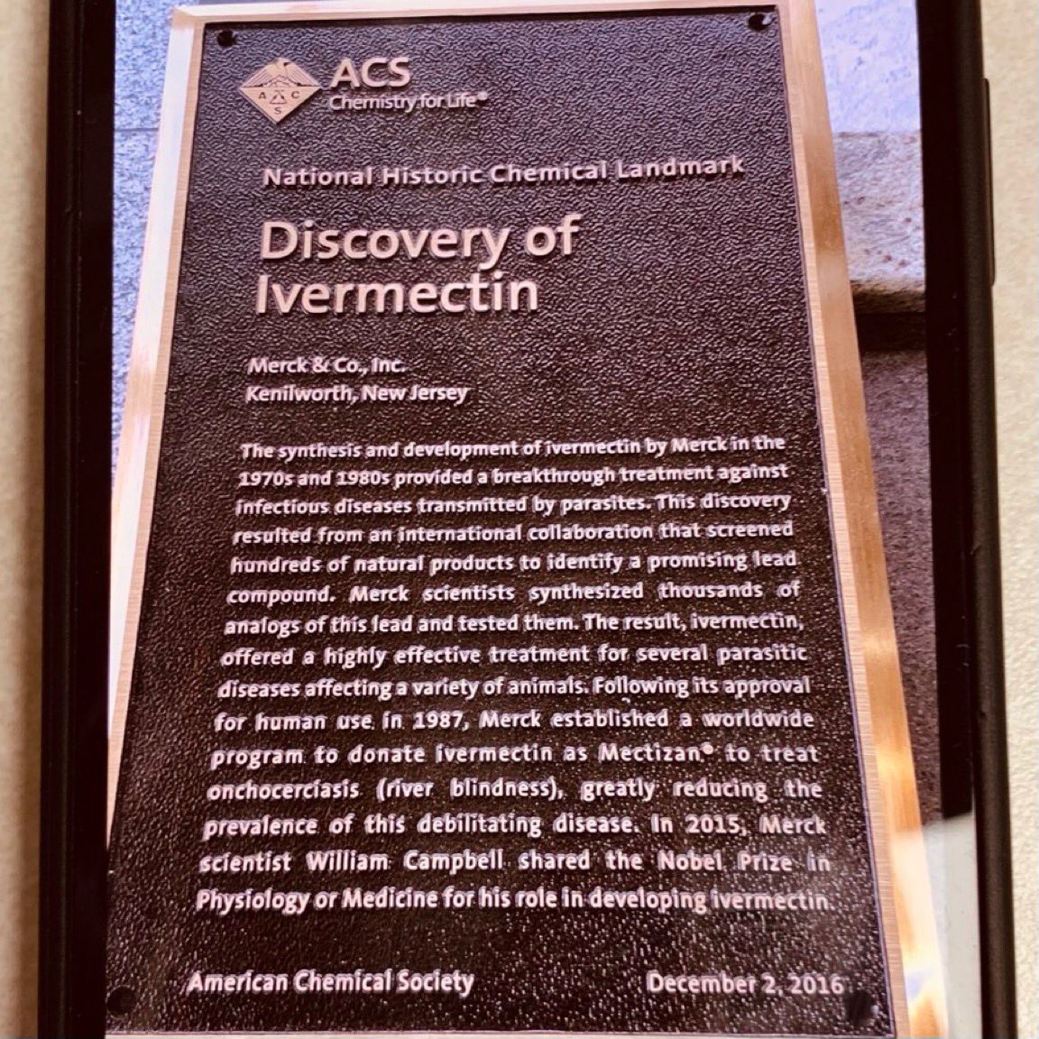 Let’s stop the Ivermectin lies. Plaque at Merck - Nobel Prize winning drug.