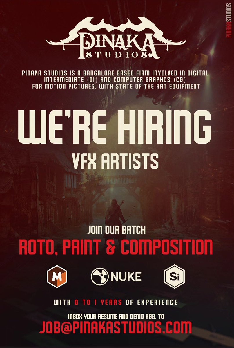 📣 Job Alert!!

Pinaka Studios is hiring 3D VFX Artists with 0 to 1 years of experience. 

Mail your Resume and Demo Reel to
📧 job@pinakastudios.com

#JobAlert #JobOpportunity #VFXJobs #JobsInBengaluru #jobsearch #PinakaStudios