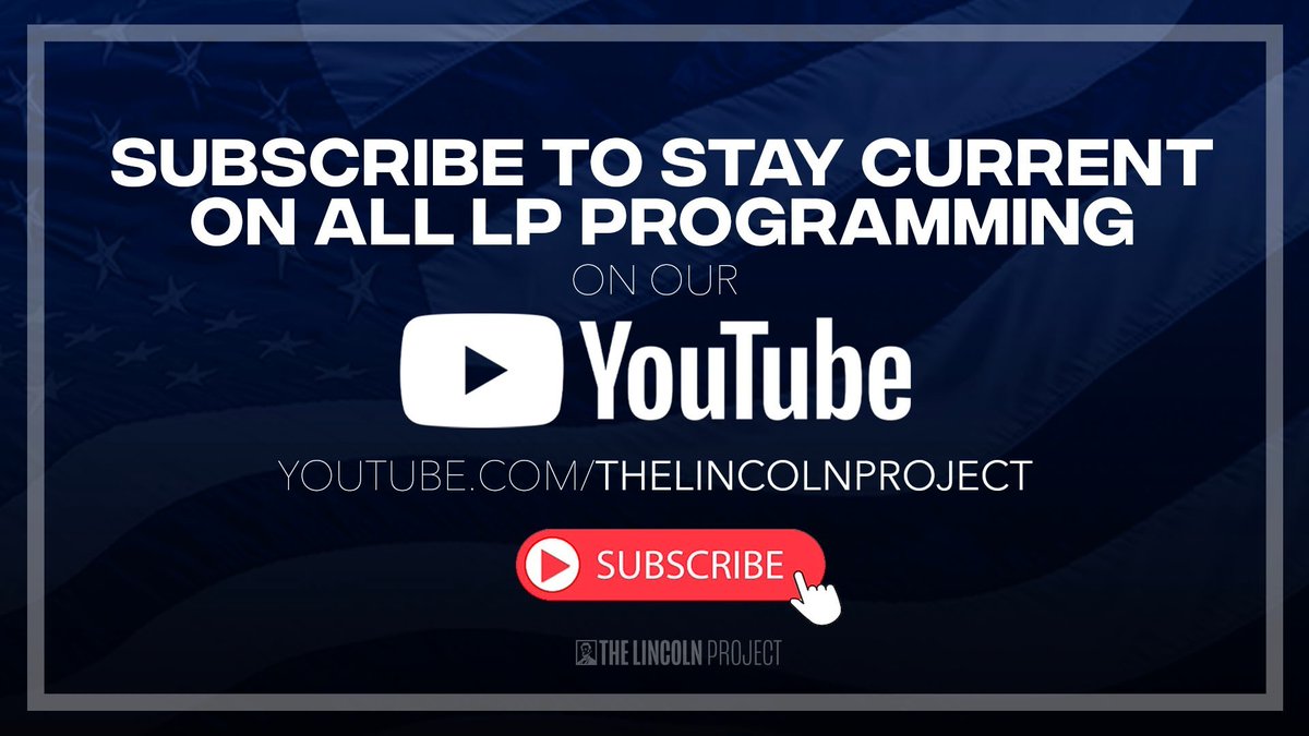 ProjectLincoln's tweet image. Want to stay up to date with content from The Lincoln Project? Make sure to subscribe to our YouTube page and turn on notifications to be the first to get access to ads, featured videos, podcast episodes, and so much more.

💻 : bit.ly/3wyRIDL