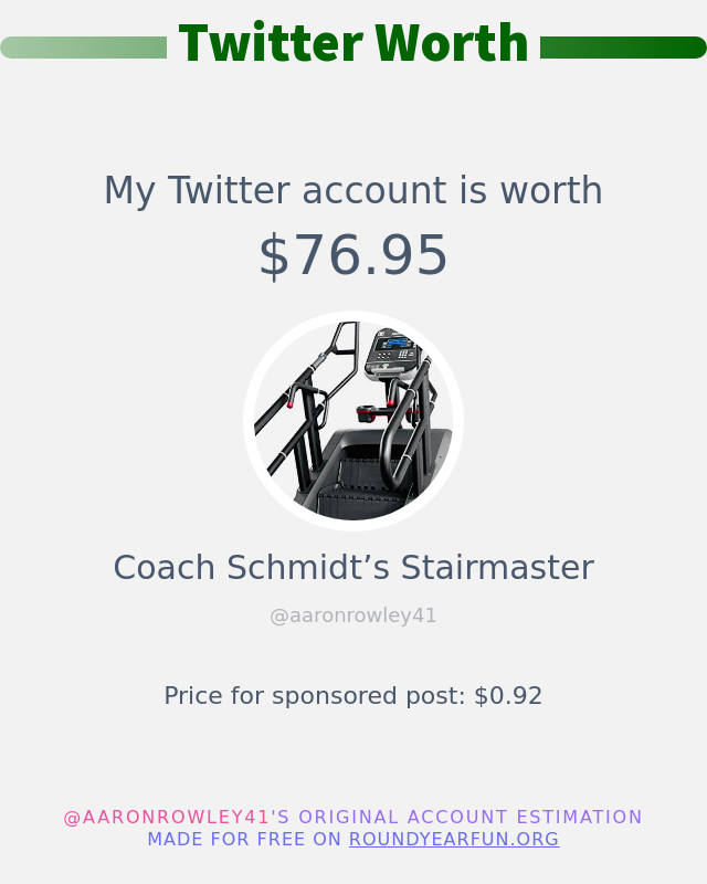 My Twitter worth is: $76.95

➡️ funxgames.me/twitterworth