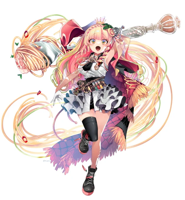 アーリオ オーリオ エ ペペロンチーノさん()、もといぺぺちのキービジュアルを描かせて頂きました! 躍動感と腋チラがイチオシポイントです!マントやパスタがわさわさ動いてゴージャスな感じに仕上がりました  #見てろんちーの