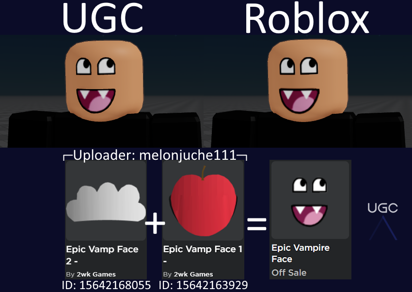 Peak” UGC on X: UGC creator Pxnn7 uploaded a 1:1 copy of the item Epic  Vampire Face. This is the 2nd one from this creator. #Roblox #RobloxUGC   / X