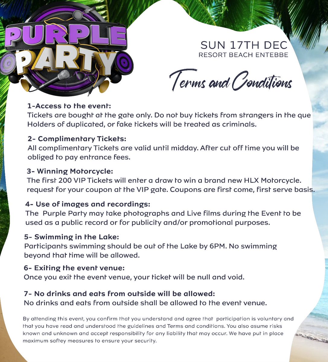 Directions to Resort Beach Entebbe and #PurplePartyTour Event Terms and Conditions. See y’all Tomorrow. Lets make History. 💜