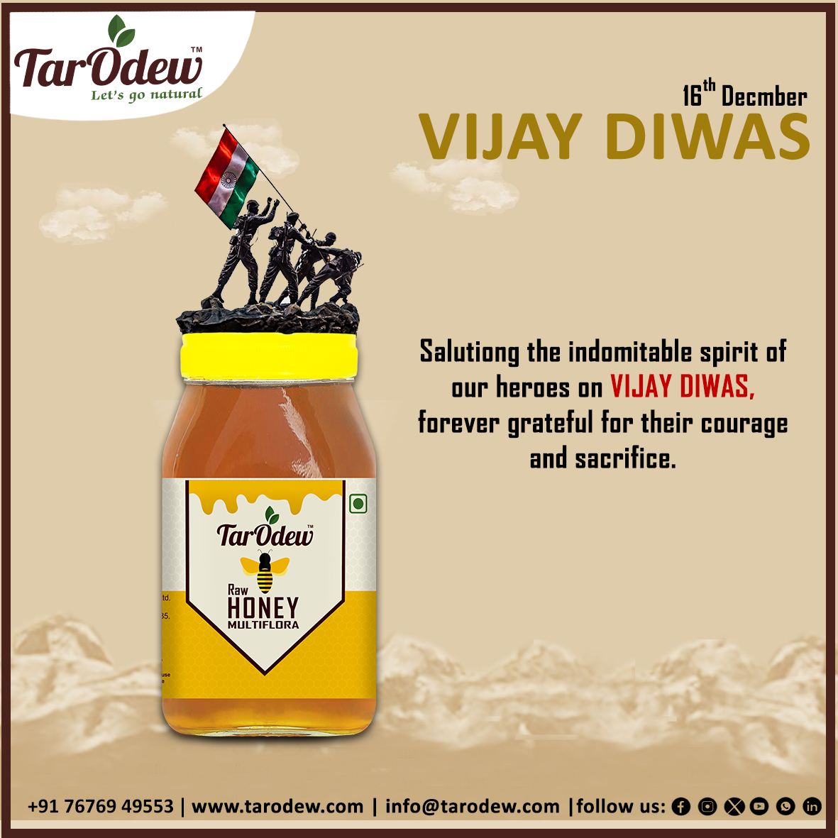 Tarodew2021's tweet photo. 🌟 Celebrating the Triumph of Vijay Diwas with Tarodew! 🇮🇳✨ On this significant day, we honor the brave hearts who secured our nation's victory. Their valor inspires us to strive for excellence. Let's unite in gratitude for our heroes 🙏🎖️ #VijayDiwas #TarodewSalutes #JaiHind 💙 https://t.co/ByM9PCpRDQ