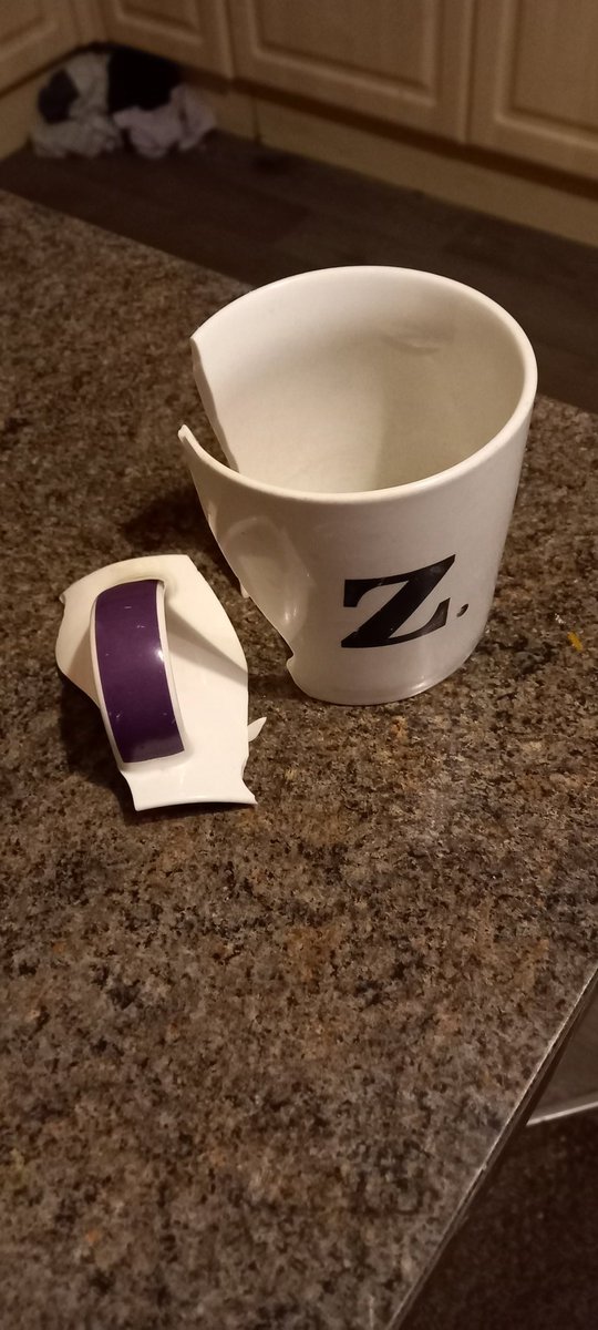 The end my my faithful mug Z. The many fun coffees we had together. The beat coffee holder ever.
Accidents do happen.
Till we meet again.
<a href="/Kensington_Gore/">Kensington T. Gore</a>