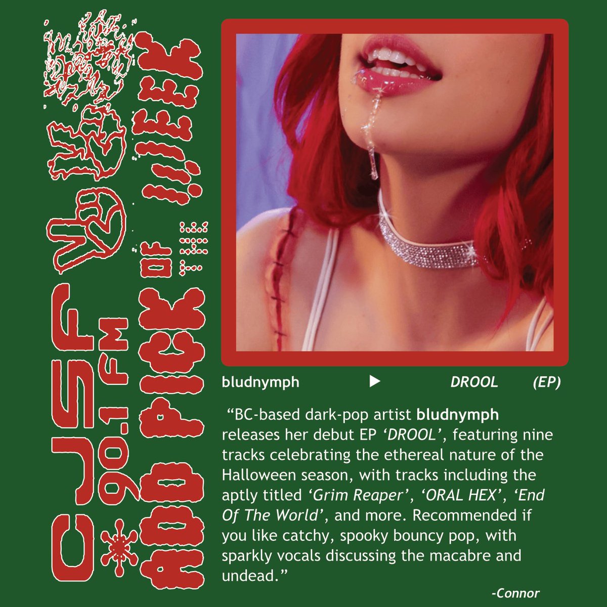 CJSF's tweet image. Who says you can&apos;t do scary this time of year? The holidays are in full swing these days, but that&apos;s not stopping us from unveiling this week&apos;s #CJSFPick: @bludnymph&apos;s &quot;catchy, spooky&quot; DROOL (also #5 in this week&apos;s #CJSFCharts!)

🩸🧚‍♀️ See below for @yyjyvr&apos;s review of DROOL...