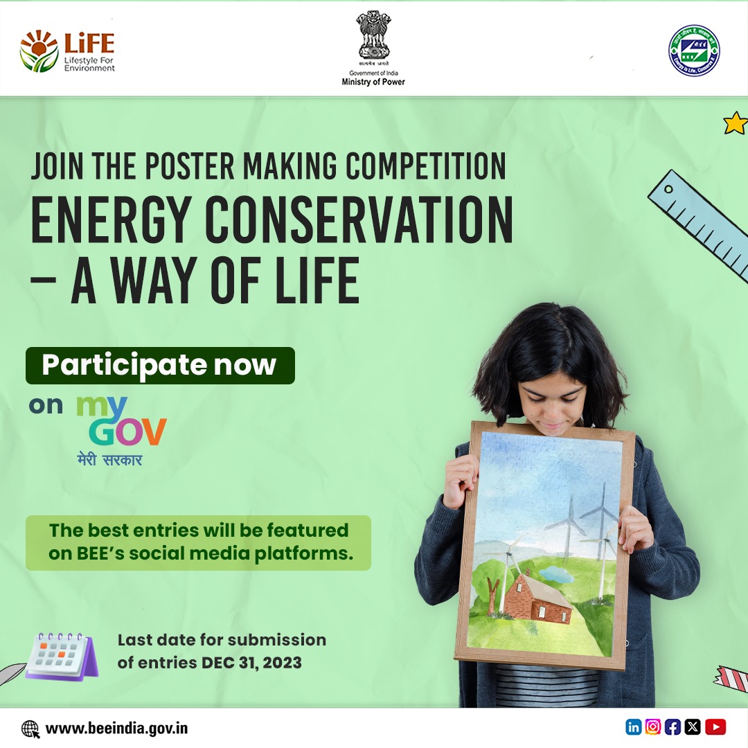 Participate in the #PosterMakingCompetition on '#EnergyConservation – A Way of Life.' Create visuals that speak louder than words, advocating for a #planet-friendly lifestyle. 🌍🎨 

#PosterCompetition #MyGov

Visit the link to participate -
mygov.in/task/poster-ma…