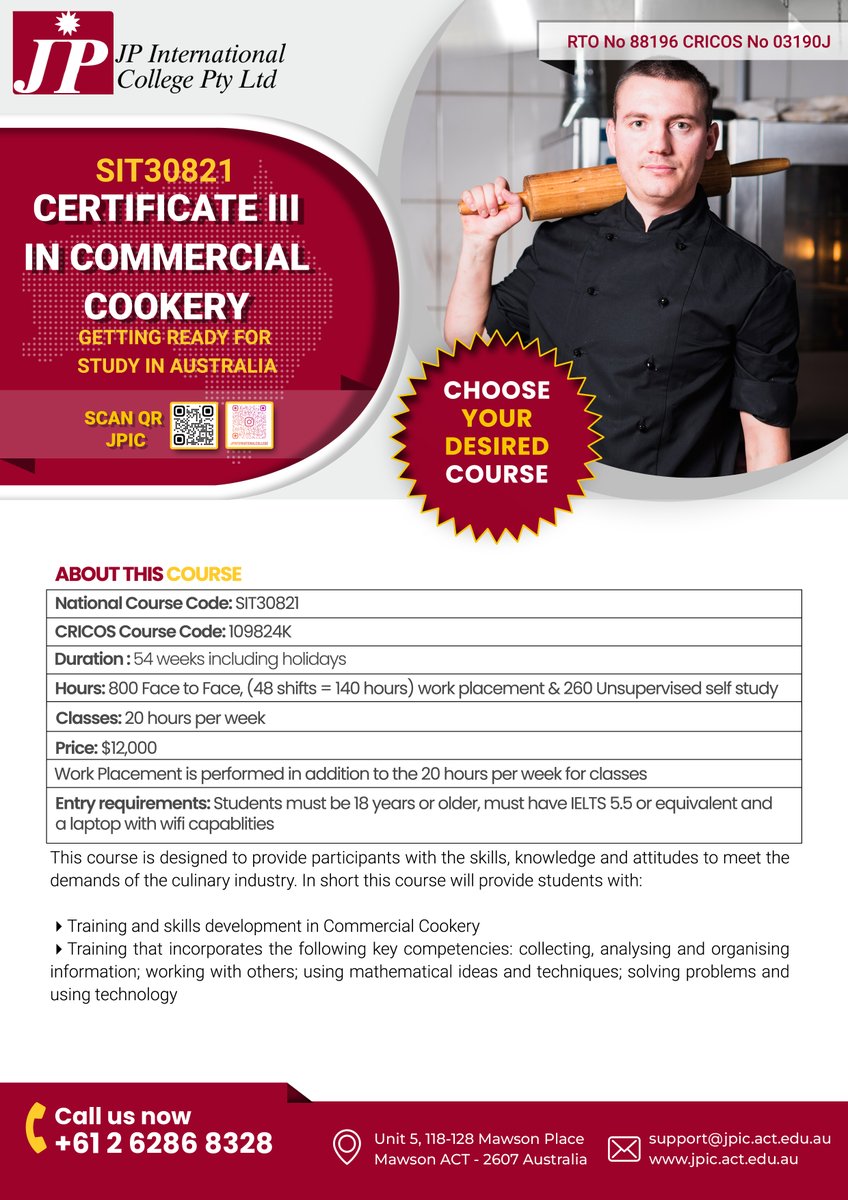 JP International College (@jpinternation15) on Twitter photo SIT30821 - Certificate III in Commercial Cookery
For more information:
jpic.act.edu.au
marketing@jpic.act.edu.au
+61 262868328
#JPIC
#StudyInAustralia
#HospitalityEducation
#CanberraCollege
#GlobalHospitality
#ManagementCourses SIT30821 - Certificate III in Commercial Cookery
For more information:
jpic.act.edu.au
marketing@jpic.act.edu.au
+61 262868328
#JPIC
#StudyInAustralia
#HospitalityEducation
#CanberraCollege
#GlobalHospitality
#ManagementCourses