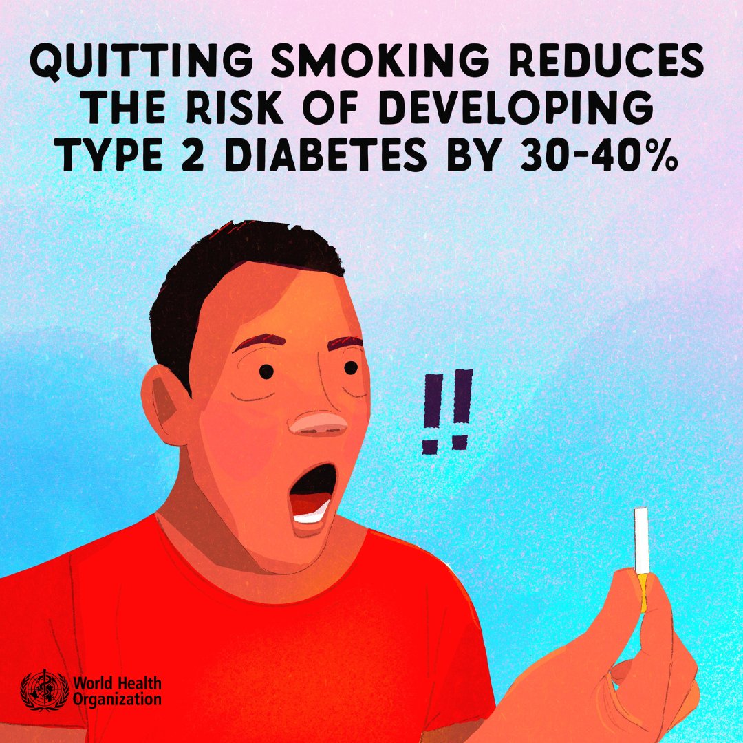 Another good reason to drop that deadly habit: 

Quitting smoking reduces the risk of developing type 2 #diabetes by 30-40%.