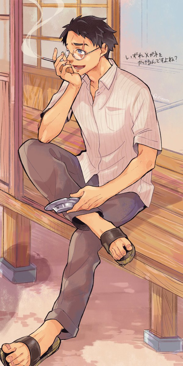 natsuki subaru 1boy male focus solo sitting cigarette smoking shirt  illustration images