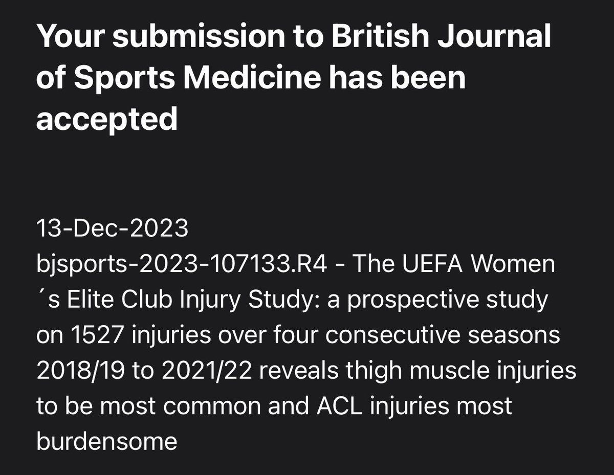 Soon in a screen near you. Lots of interesting and relevant data on common such as thigh muscle injuries and severe injuries such as ACL injuries #bjsm #frgsweden
