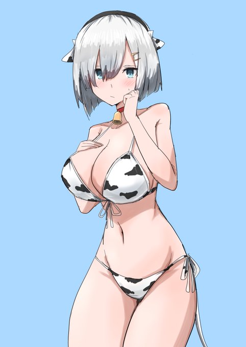 お題の牛柄のビキニを着る牛乳の浜風ちゃんです 