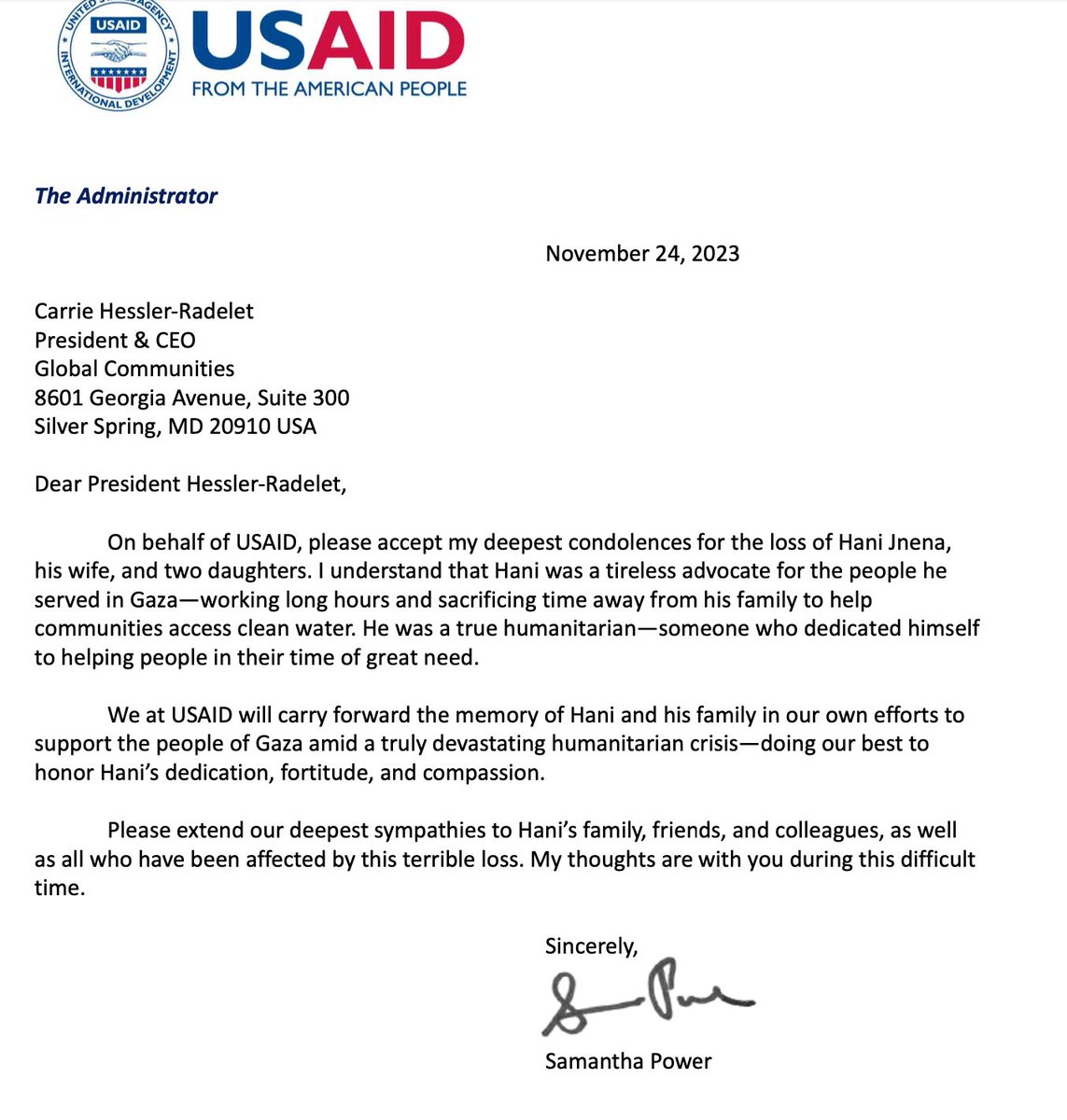 Several USAID employees expressed dismay Jnena's death was not acknowledged by the agency publicly. USAID chief Samantha Power has been aware of his death since at least late Nov, when she sent a condolence letter to the CEO of the USAID contractor he worked for. Obtained here: