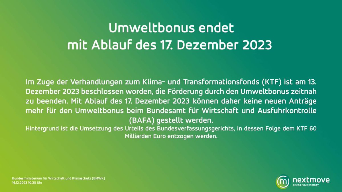 Nextmove warnt seit Wochen vor dem „sofortigen“ Auslaufen des #Umweltbonus für #Elektroautos. Teilweise wurde uns Clickbait &amp; Panikmache unterstellt.
<a href="/BAFA_Bund/">BAFA Bund</a> teilt heute mit: Morgen ist Schluss❗ 

Zehntausende #eauto Käufer sind betroffen. Unsere Tipps wie immer auf YouTube.