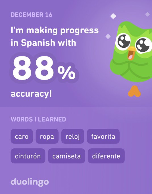 I&rsquo;m learning Spanish on Duolingo! It&rsquo;s free, fun, and effective. https://t.co/4ZZ3sZ5eYX