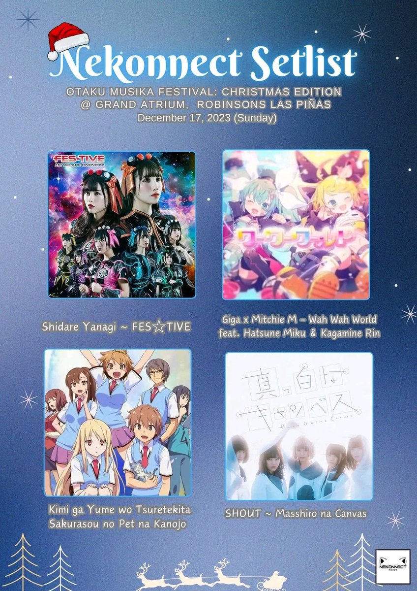 Nekonnect_PH's tweet photo. Nyaa~🙀

Our song setlist for tomorrow's Otaku Musika Festival  is finally here. Come join the fun, and let's create unforgettable memories together! 💟🐈‍⬛

We can't wait to see each and every one of you there~

#OtakuMusikaFestival #Nekonnect https://t.co/5aIF0DDRcR