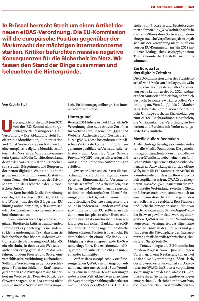 derPUPE's tweet image. Lesen, verstehen, handeln: 

"Vertrauenssache - EU-Zertifikate: Streit um #eIDAS-Novelle" 

aus der aktuellen c't, 
weil es uns alle betrifft 

NFO: ct.de/y5gn