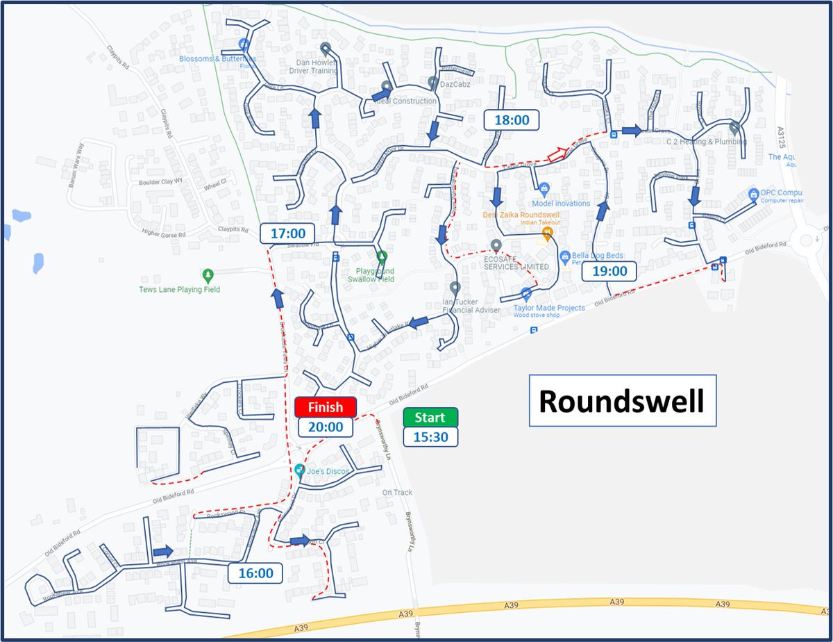 BarnstapleRT's tweet photo. Today Santa’s route with his sleigh and his trusty helpers are in Roundswell, starting at 3:30pm. 

See the map below to work out what time he will pass your area.

🎅🛷

To track Santa: https://t.co/DAv9VzJpxH

To donate: https://t.co/0TkJ3kYMNR https://t.co/3MHNp5JJNI