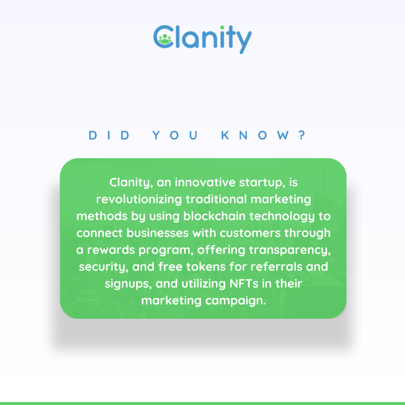 Revolutionizing traditional marketing with blockchain technology! 🚀 

Clanity is leading the charge by connecting businesses with customers through a unique rewards program. 💼🔗

#Clanity #Blockchain #MarketingRevolution #CryptoInvesting #NFTMarketing #BusinessInnovation