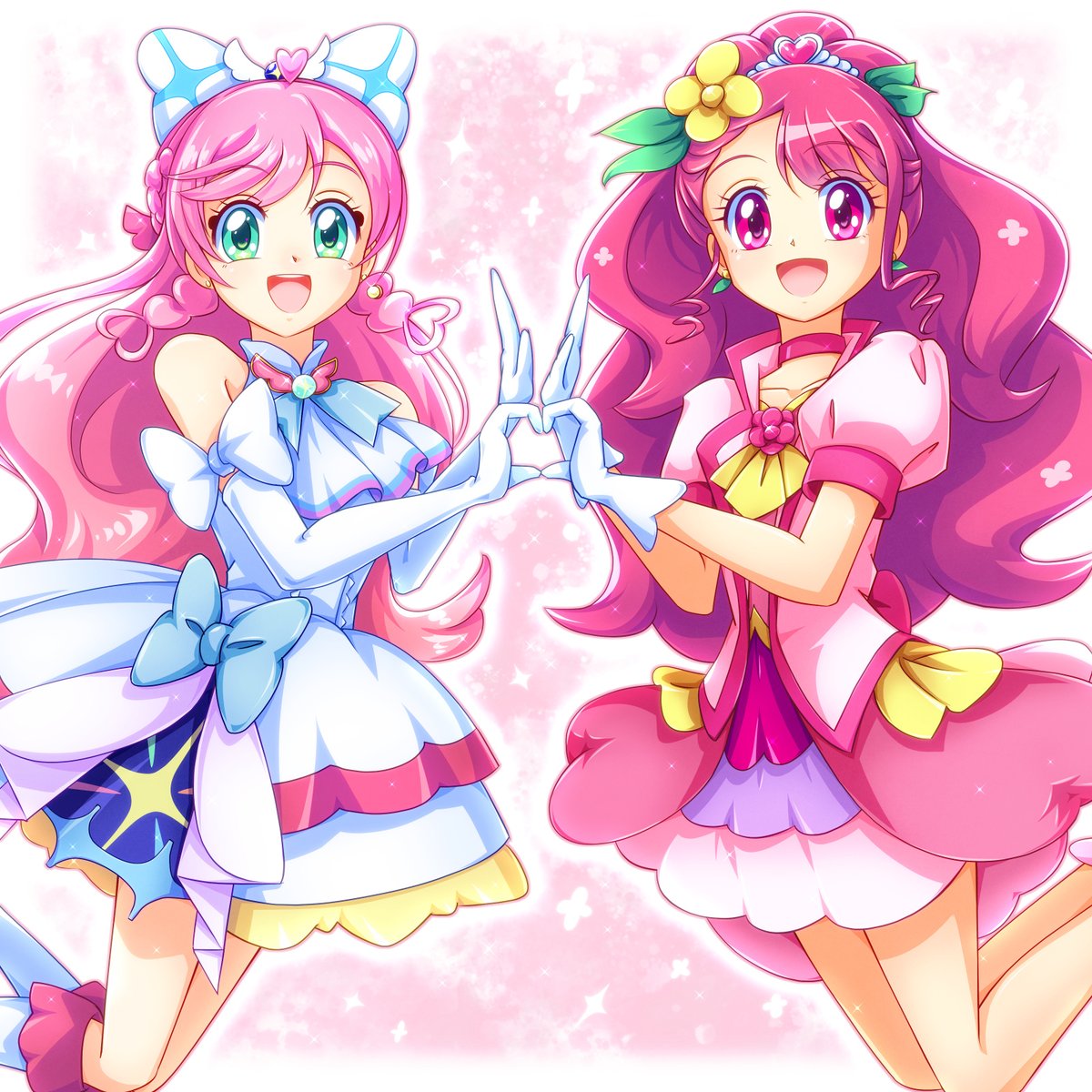 nijigaoka mashiro multiple girls 2girls pink hair gloves long hair white gloves smile  illustration images