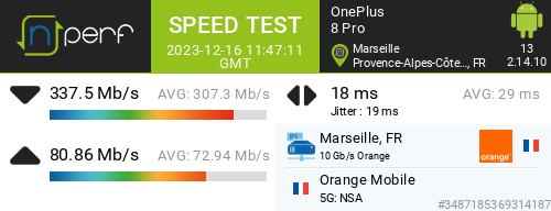 Energix's tweet image. ↓337496 kb/s ↑80864 kb/s, ⇄ 18 ms / mobile:Orange Mobile / #OnePlus8Pro / #nPerf v2.14.10 / #5GOrange Gare de Marseille Saint-Charles