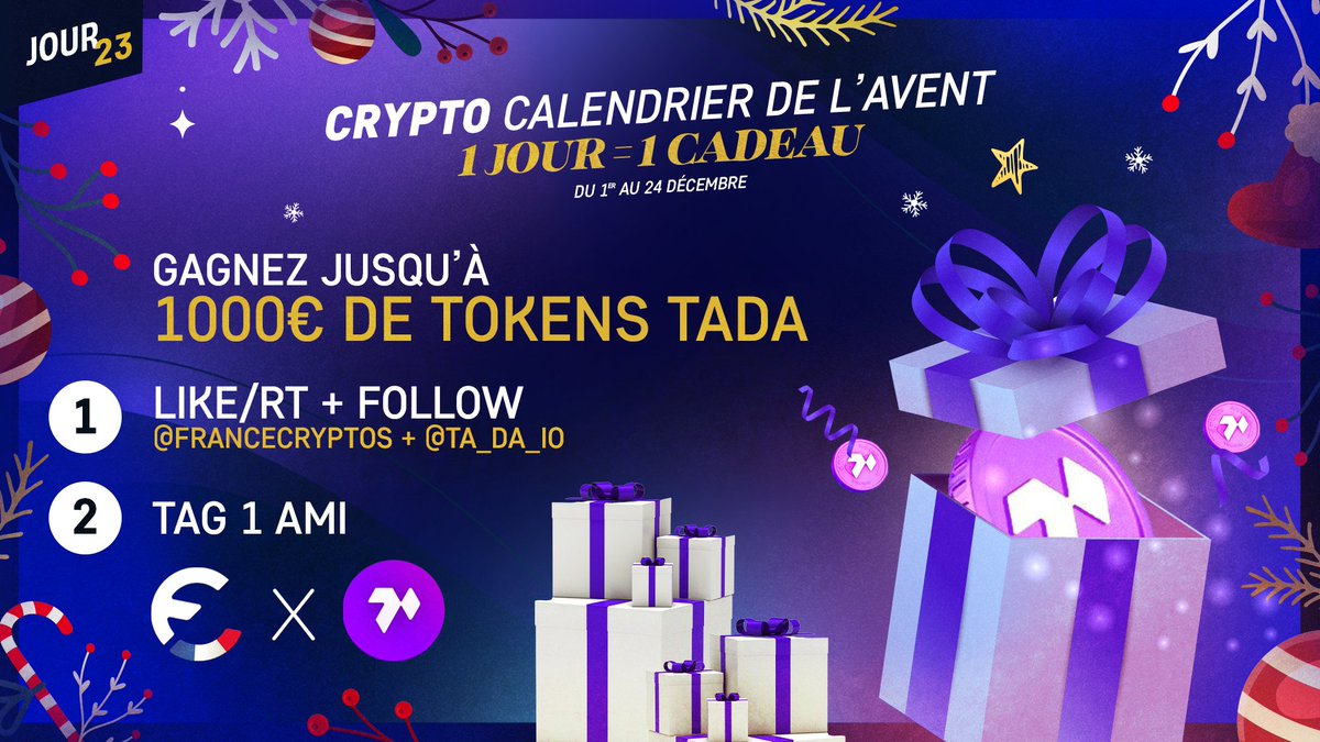 #CONCOURS 🎁 #NOËL 🎄 23/24

JUSQU'À 1000€ DE TOKEN TADA À GAGNER ! 🔥 10€ tous les 100 RTs !

Pour participer :

👉Follow <a href="/FranceCryptos/">France Cryptos 🔗</a> &amp; <a href="/Ta_da_io/">Ta-da</a> 

👉Likez &amp; Retweetez
👉@ un ami !

⏳TAS le 26/12 !

Bonne chance à tous ! 🍀 #CryptoCalendrier 🚀