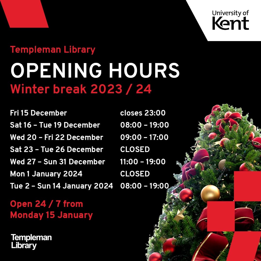Reminder of our Winter Break Opening hours. Wishing you all a very Merry Christmas! ⭐🎄❄️💕
kent.ac.uk/library-it/ope…