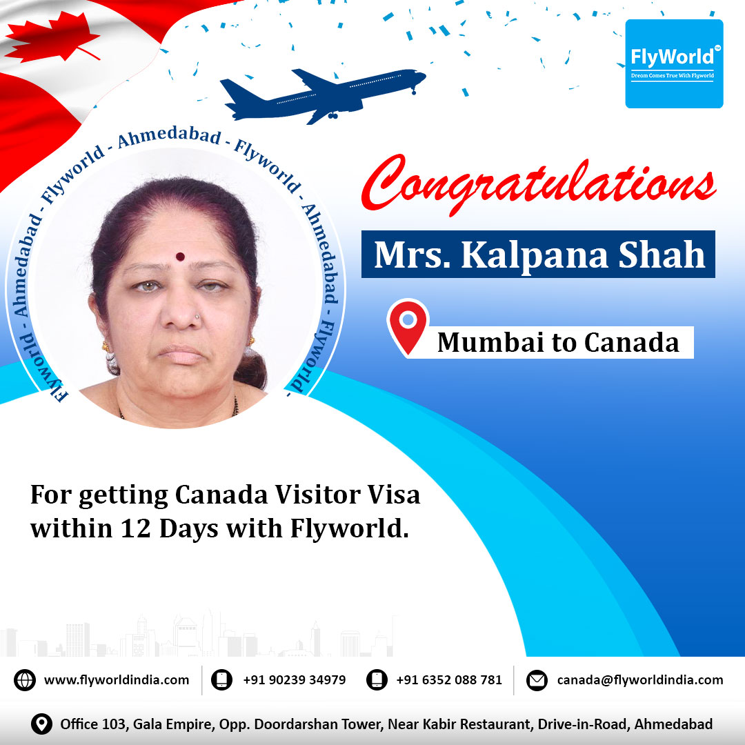 Swift success and smiles! 🌍✈️ Mrs. Kalpana Shah celebrates her Canada Visitor Visa in just 12 days with Flyworld. Congratulations on your seamless journey ahead! #FlyworldSuccess #VisaVictory #TravelDreamsComeTrue #FastTrackToCanada #VisaMagic #CongratulationsMrsKalpanaShah