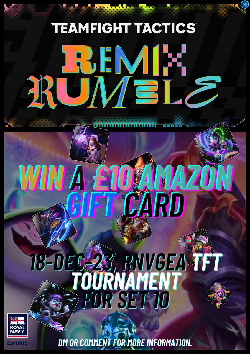 🎅Season's Greetings!🎅 We are hosting some RNVGEA community nights over the Christmas period with Amazon gift cards up for grabs. All serving personnel, Veterans, or afilliates can get involved, feel free to get in touch. First up is a TFT tournament on the 18th December 2023.
