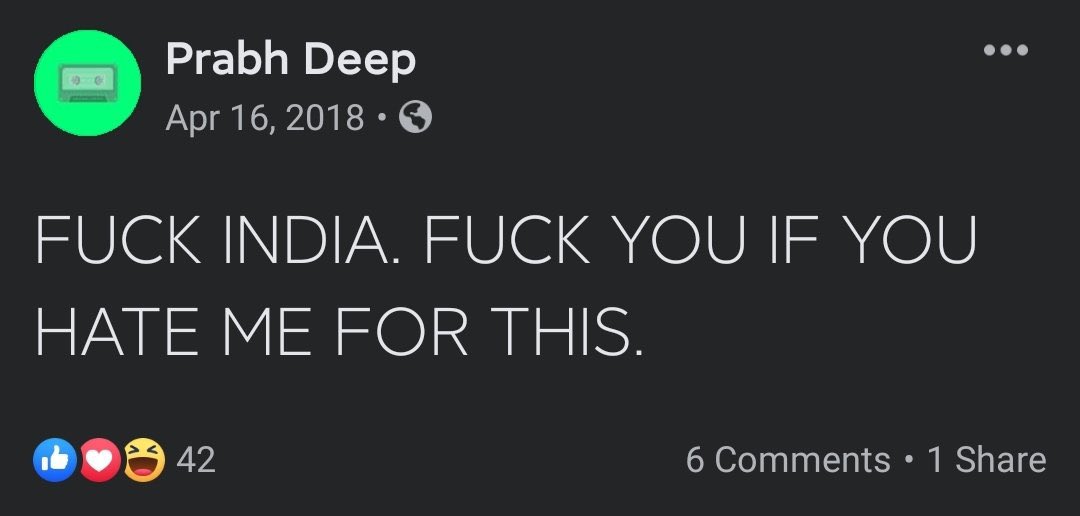 Bhai India ne hi tune ghar,roti di hai
india ko kio gali dete the yeh log?? agar gali dene hai toh politicians ko do
Fuck Prabhdeep !!