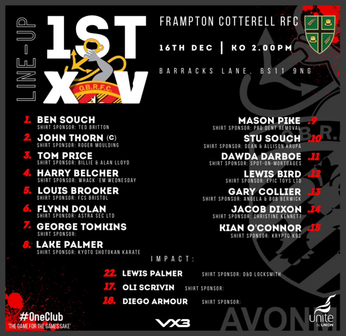 🔊It's Game Day!!!🔊 Avonmouth Old Boys 1st XV Vs @FramptonRFC (H) 📆 16th Dec ⏰ KO: 2pm 📍 BS11 9NG 🏆 Counties 2 Tribute Gloucestershire South ⚫️🔴⚫️ @GRFUrugby @swsportsnews
