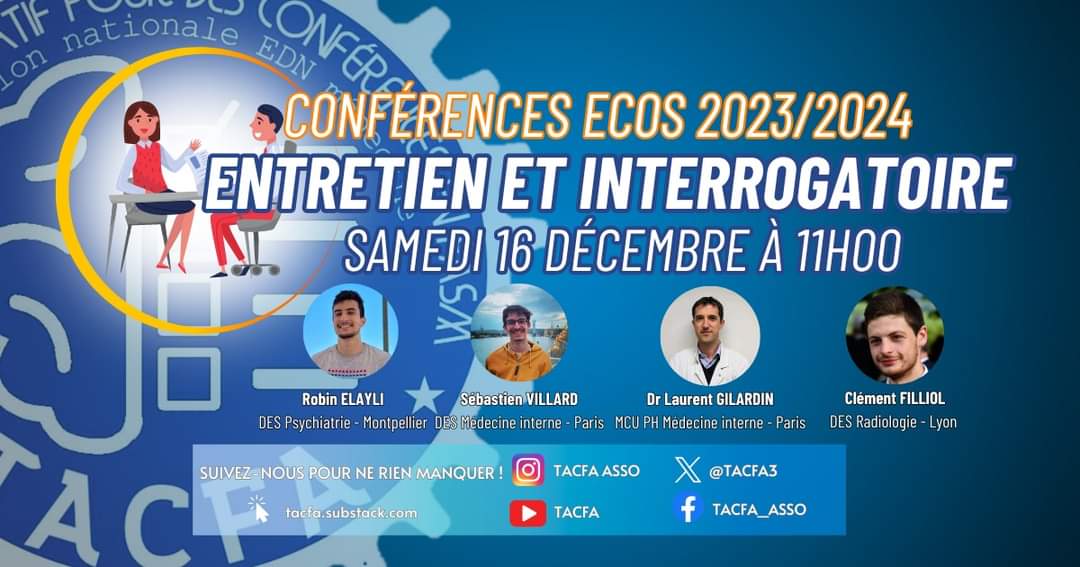 La 2ème conférence ECOS du <a href="/TACFA3/">TACFA</a> dédiée à l'entretien/interrogatoire c'est ce matin! 

Nous corrigerons 3 stations autour de ce domaine incontournable au quotidien 🧑‍⚕️

Lien pour nous rejoindre : youtube.com/live/WSD8-vk3c…
