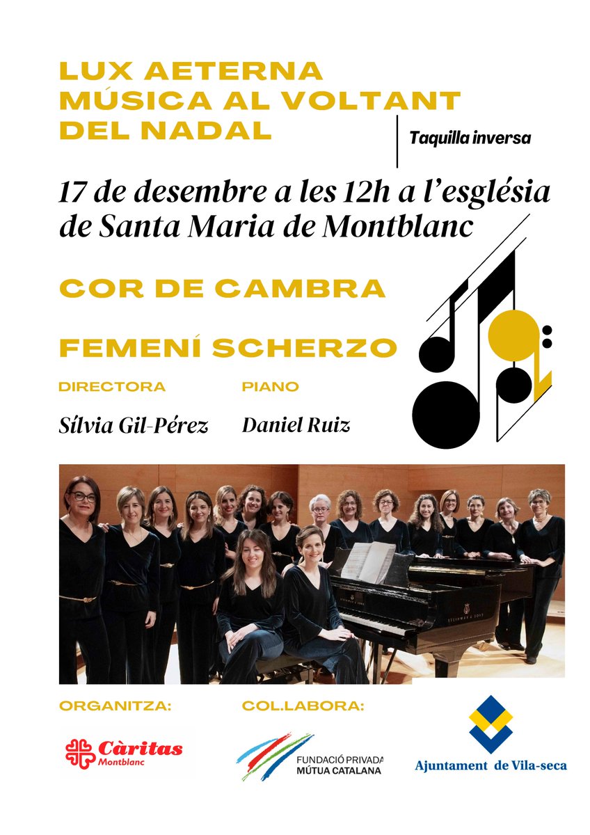 I demà diumenge, 17 de desembre, un altre concert de Nadal (Lux Aeterna) del Cor Scherzo, a l'Església de Santa Maria, a Montblanc, a les 12h del migdia. Dirigeix Sílvia Gil-Pérez, amb l'acompanyament de Daniel Ruiz al piano.