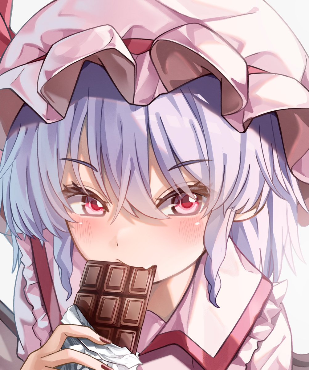 remilia scarlet 1girl solo hat mob cap chocolate food pink headwear  illustration images
