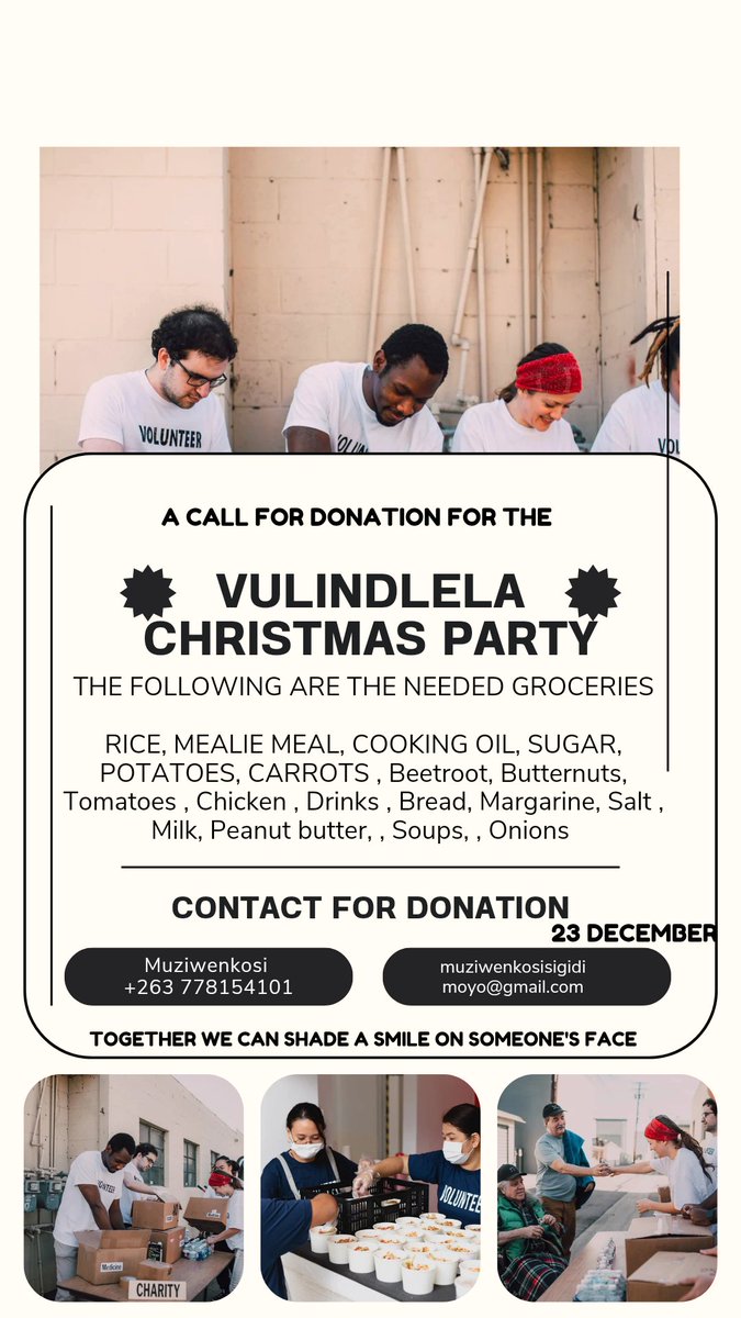 Blessings Zimbabwe (Bulawayo), let's make the 23rd of December a special day for Vulindlela day care. You can donate any form of grocery or Christmas Present. Feel free to get in touch on 0778154101