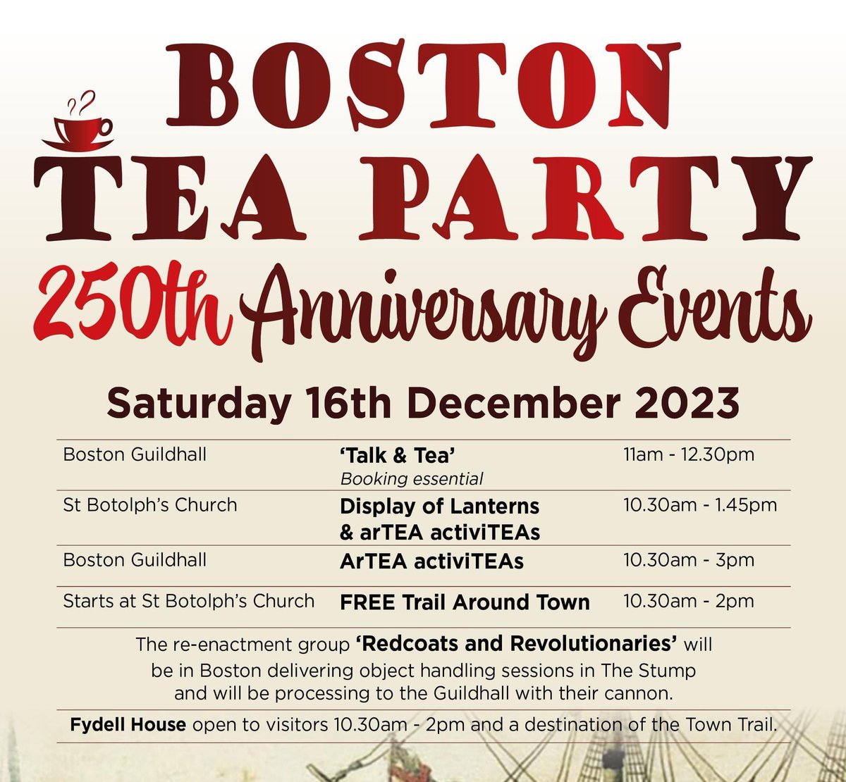🌟 TODAY! December 16 is not just a day—it's a historical celebration in Boston. Lantern displays, arTEA activiTEAs, and Redcoats Re-enactors await you. Let's make this a day to remember! 🎉 

#BostonTeaParty250 #CelebrateHistory #TransportedArt