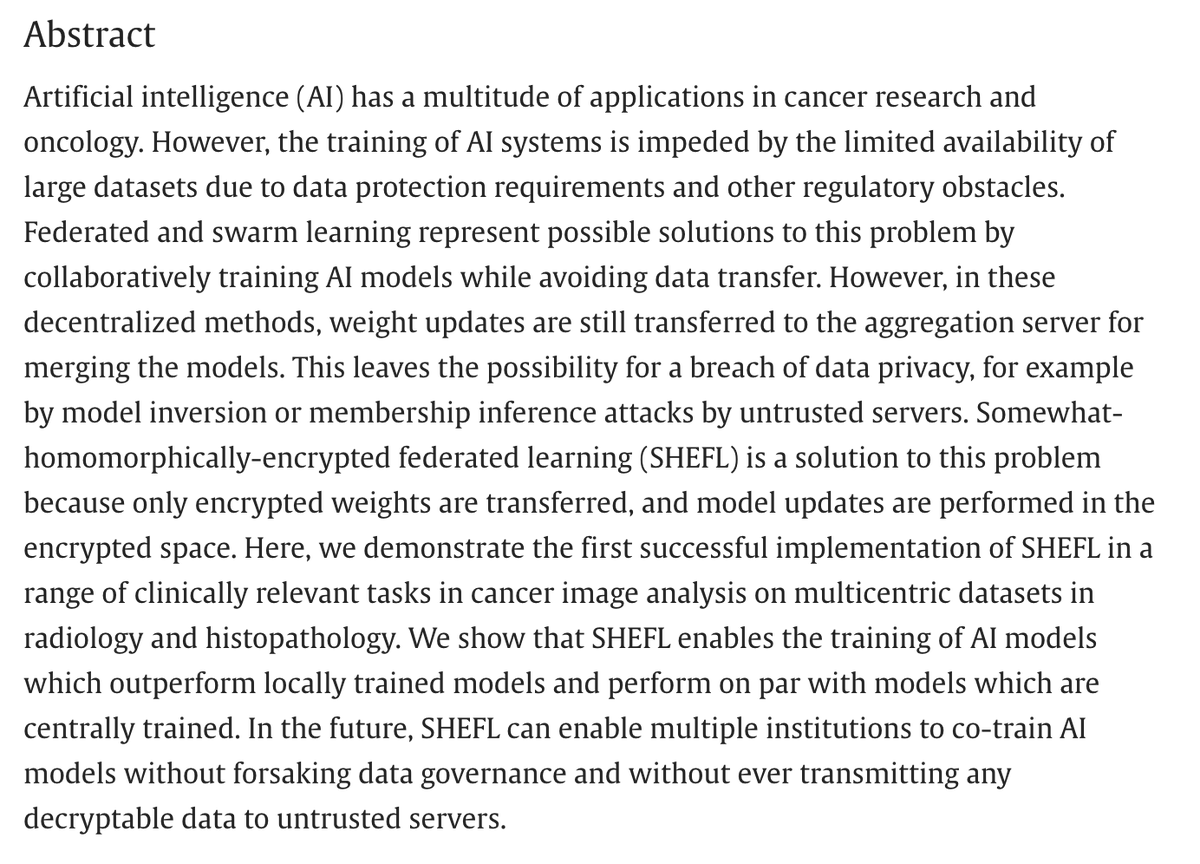 jnkath's tweet photo. Happy to share another new paper, led by @DanielTruhn:
Federated learning with homomorphic encryption enables multiple parties to securely co-train AI models in pathology and radiology. https://t.co/mG3XS1b1wP @tudresden_de @RWTH @Medizin_TUD @katherlab https://t.co/P7LxXiKCKe