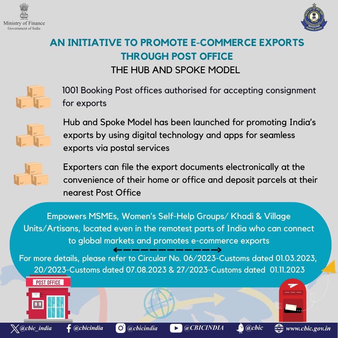 HUB & SPOKE Model, an initiative to promote E-Commerce Exports through post office.

#EaseOfDoingBusiness #CustomsTradeFacilitation #ViksitBharat #FinMinReview2023