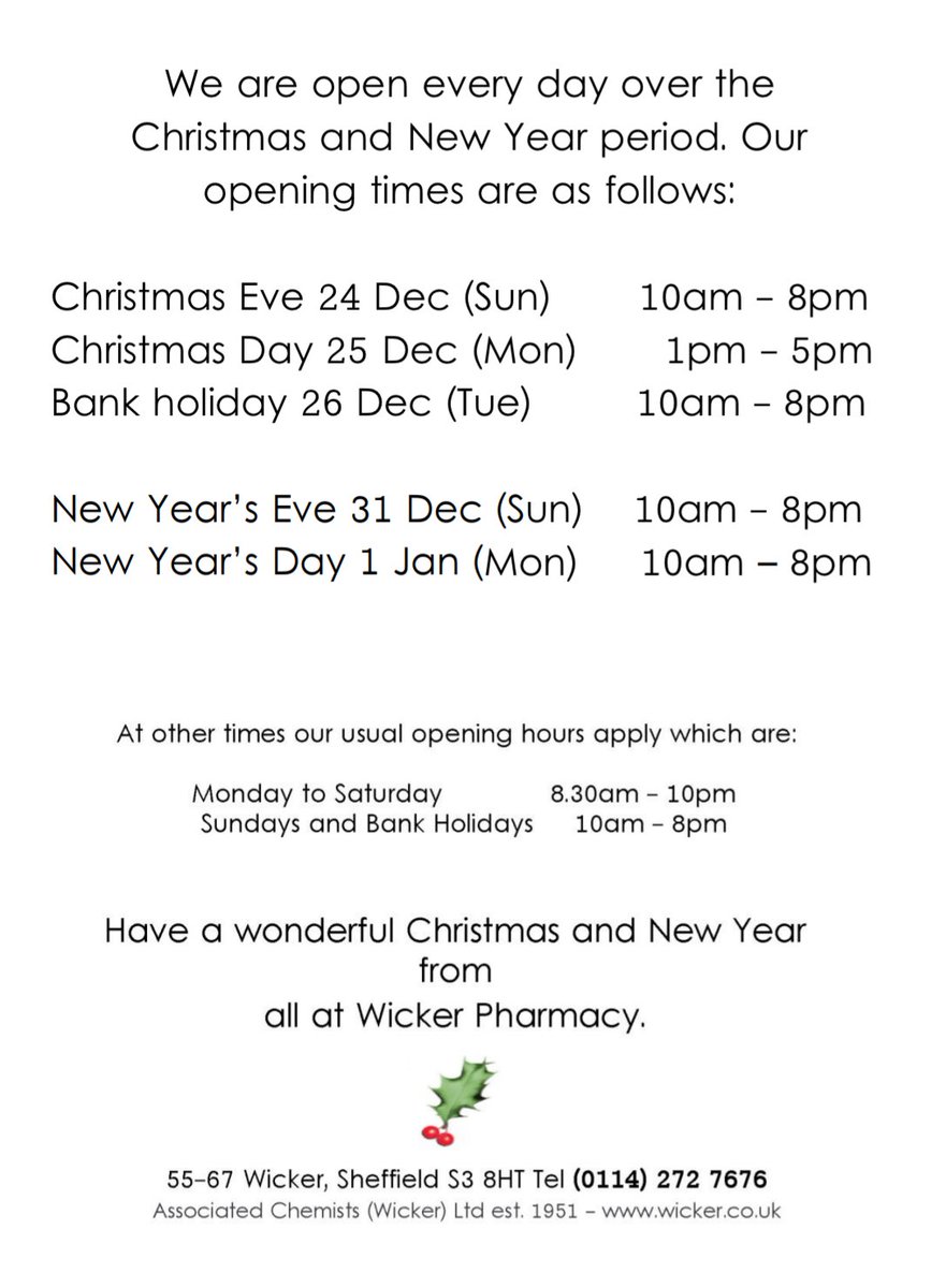 🎄A little reminder that we will be here for those who need our services over the festive period 🎄 <a href="/wickerpharmacy/">Wicker Pharmacy</a> #openeveryday