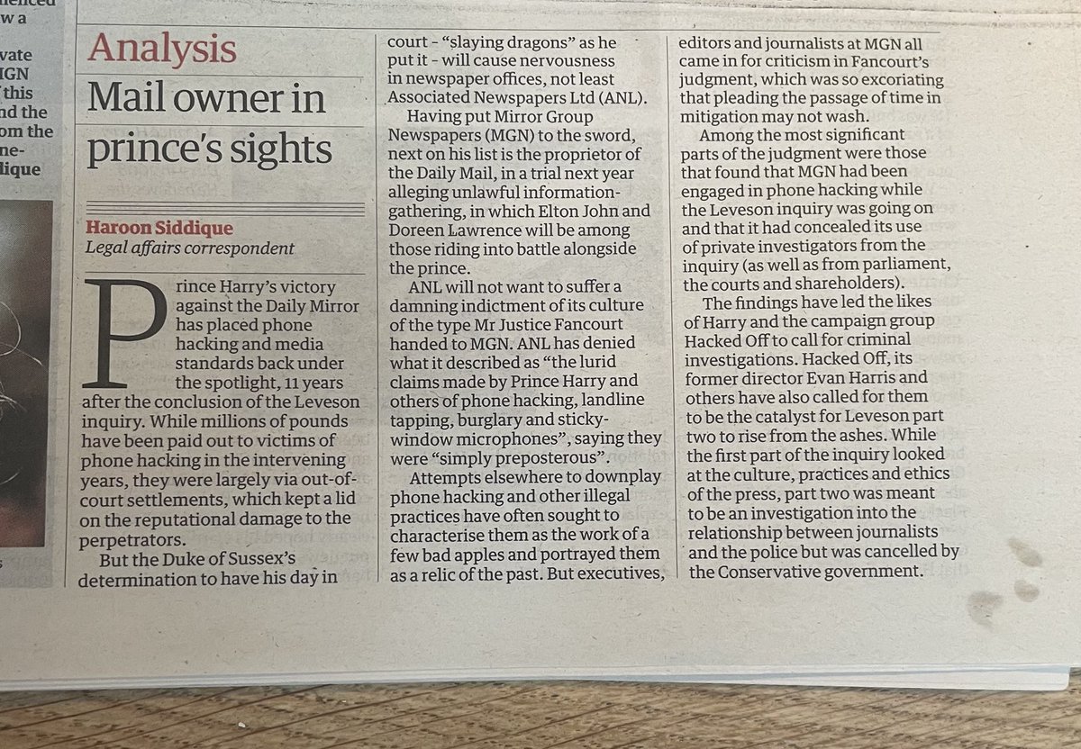 Anyone who cares about media and political standards and the corrosive impact of much of our press on both will be wishing Harry well in the next stage of his campaign. That the Mirror broke the law now beyond doubt. But the Mail has been a far more pernicious influence on 🇬🇧
