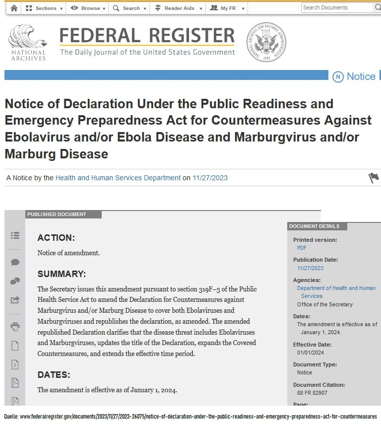👀‼️
'Die Erklärung tritt am 01.01.2024 in Kraft.'
'Bekanntmachung der Erklärung im Rahmen des Gesetzes über die öffentliche Bereitschaft und Notfallvorsorge für Gegenmaßnahmen gegen das Ebolavirus und/oder die Ebola-Viruskrankheit sowie das Marburgvirus und/oder die Marburg-🦠'
