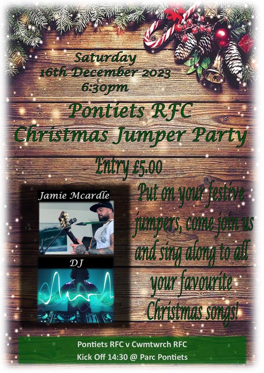 Clwb Rygbi Pontiets (@pontyatesrfc) on Twitter photo 🟢⚫️GAME DAY🟢⚫️
Today we welcome <a href="/CWMTWRCHRFC/">CWMTWRCH RFC</a> to the Bungalow which in no doubt will be a tough encounter. Come and support the boys in your festive jumper and enjoy our xmas jumper sesh after with a singer and DJ 🍺🍺
Dont forget to get @eirwynjc a birthday 🍺🟢⚫️🟢⚫️ 🟢⚫️GAME DAY🟢⚫️
Today we welcome <a href="/CWMTWRCHRFC/">CWMTWRCH RFC</a> to the Bungalow which in no doubt will be a tough encounter. Come and support the boys in your festive jumper and enjoy our xmas jumper sesh after with a singer and DJ 🍺🍺
Dont forget to get @eirwynjc a birthday 🍺🟢⚫️🟢⚫️