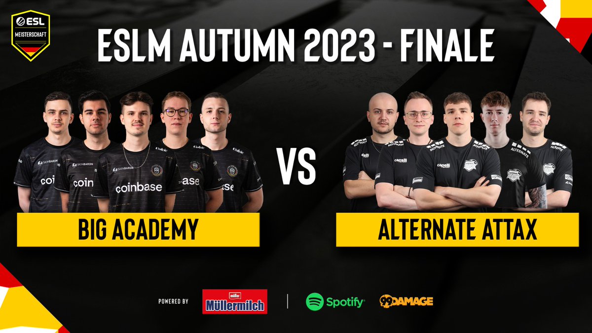 In einer Stunde startet das #ESLMeisterschaft Finale! 🔥 Der amtierende Meister @BIGCLANgg Academy trifft erneut auf Vizemeister @ATNattax 🥊 Schaltet ab 16:00 Uhr ein! 👉 twitch.tv/99Damage 👈