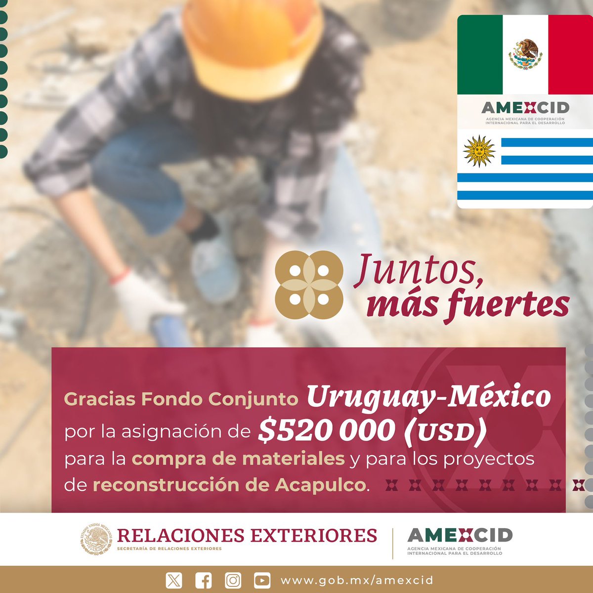 📌 La @SRE_mx agradece, a través de la @AMEXCID, al Fondo Conjunto Uruguay - México, por la asignación de 520 mil dólares, para la compra de materiales y para los proyectos de reconstrucción de Acapulco, tras el paso de #Otis.

🇲🇽🤝🇺🇾
#DiplomaciaCercaDeTi
#CooperarEsCompartir