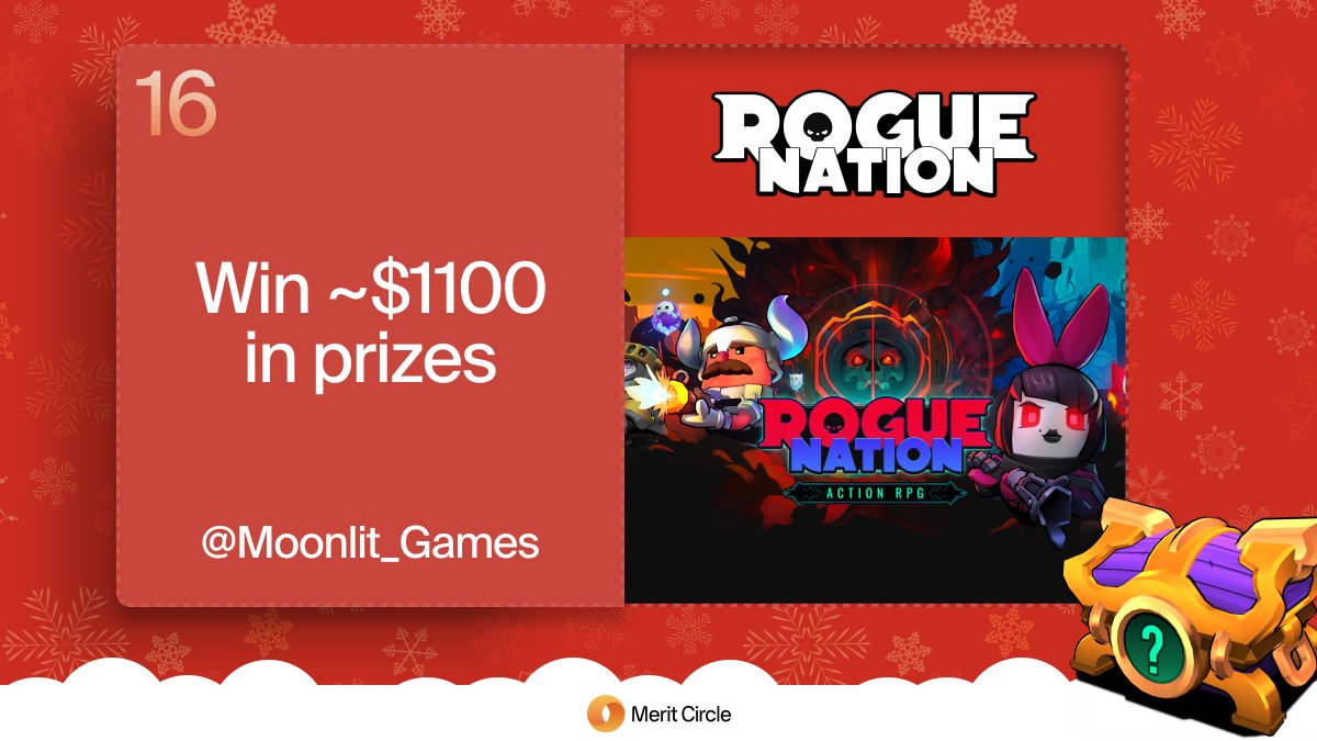 🟠MC Advent Calendar Day 16: Rouge Nation🎁

'Tis the season for festive fun!🏆🎄

Today's challenge:
1⃣ Follow @MeritCircle_IO &amp; <a href="/Moonlit_Games/">Moonlit Games (Rogue Nation)</a>!  
2⃣ RT this post
3⃣ Complete the quests: hub.onbeam.com/advent

For a chance to win $1100+ in prizes! 🎅
25 total winners!