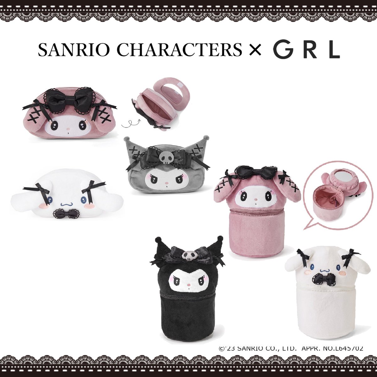 GRL_official's tweet photo. サンリオキャラクターズ　真夜中のメロクロシリーズ💕

大人気シリーズにシナモロールが仲間入り✨
メイク直しに便利なミラー付きポーチが新登場😍

#GRL #グレイル #サンリオ #クロミ #マイメロディ #シナモロール

👇GRL×サンリオコラボをチェック👇
https://t.co/xE7HqUofHD https://t.co/MzuU2QGX4O