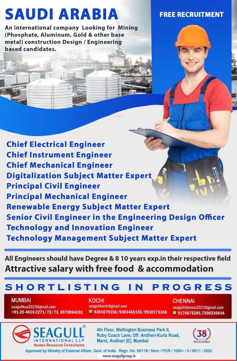 hrd1_seagull's tweet photo. 🇸🇦Saudi Arabia Jobs 
‼️Free Recruitment 
✔️Shortlisting In Progress 
📍Location- Mumbai , Kochi , Chennai
.

.

.
#saudiarabiajobs #seagull #mumbaijobs #kochijobs #chennaijobs #chiefelectricalengineer #chiefinstrumentengineer #principalcivilengineer https://t.co/R1MOXAerDU